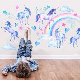 Unicorn Wall Decals, Multi Color Unicorn Rainbow Vinyl Wall Stickers, Removable Decals for Girls Bedroom Kids Room Nursery, Unicorn Wall Art Home Decorations Party Supplies