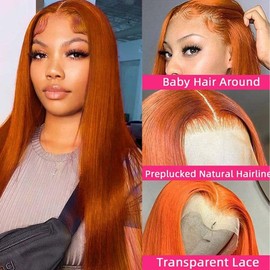Fiumer Ginger Wig Human Hair 13x4 Straight Ginger Orange Lace Front Wigs Human Hair HD Transparent Lace Frontal 350 Colored Human Hair Wig Pre Plucked With Baby Hair 180% Density 26inch