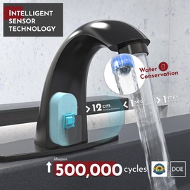 PRIMSOPH Automatic Motion Sensor Hands Free Electronic Infrared Smart Commercial Touchless Bathroom Sink Faucet with Cover Plate Temperature Mixer Battery or Plug-in Powered Matte Black