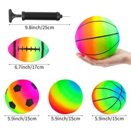 Hxezoc 4 Pack Sports Balls Set 6 Inch Inflatable Vinyl Balls with Added Hand Air Pump, Neon Basketball, Soccer, Volleyball and Football for Kids and Toddlers Playground Indoor and Outdoor Use