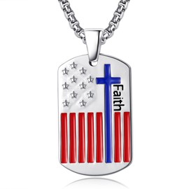 QCFL Dog Tag Necklace For Men Sterling Silver Cross Faith American Flag Dog Tag Pendant For Men S925 Sterling Silver Pendant Gift For Soldier Mens Husband Son Brother
