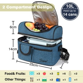 Kato Tirrinia Insulated Cool Bag Lunch Box for Men and Women, Leakproof Lunch Box with Compartment for Adults at Work School Picnic Camping, with Shoulder Strap and Front Pocket,10L Blue