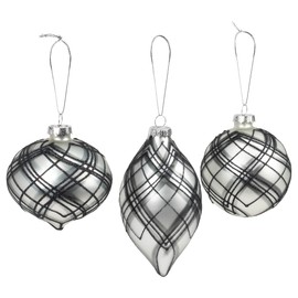 Napco Sparkle Black Plaid Ball Finial 3 x 3.25 Glass Decorative Hanging Ornament Set of 3, 52164