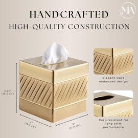 Monarch Abode Tissue Box Cover Square – Handcrafted Wave Embossed Brushed Gold Metal Tissue Holder Box for Bathroom Accessory, Aesthetic Decorative Facial Napkin Cube for Modern Home Decor