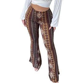 YUZIBAO Women's Flare Yoga Leggings High Waisted Boho Palazzo Wide Leg Pants Bell Bottoms(Brown,S)