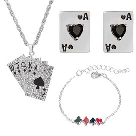 3 Pcs Rhinestone Ace of Spades Necklace Earrings Bracelet For Women Men Cute Rhinestone Poker Stud Earrings Braided Leather Cool Bracelet Poker Jewerly Set (Black)