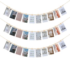 Hanging Photo Display with Clips, Boho Wooden Bead Garland Collage Picture Frame Wall Decor, Photo String with 10 Clips for Bedroom Room Dorm Cubicle Decor, Christmas Teen Girls Gifts, 3 Pack