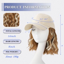 Hat Wigs for Women Baseball Cap with Hair Extensions Short Wave Synthetic Baseball Cap Wig for Women Adjustable Hat with Hair Attached for Daily Use(14inch)