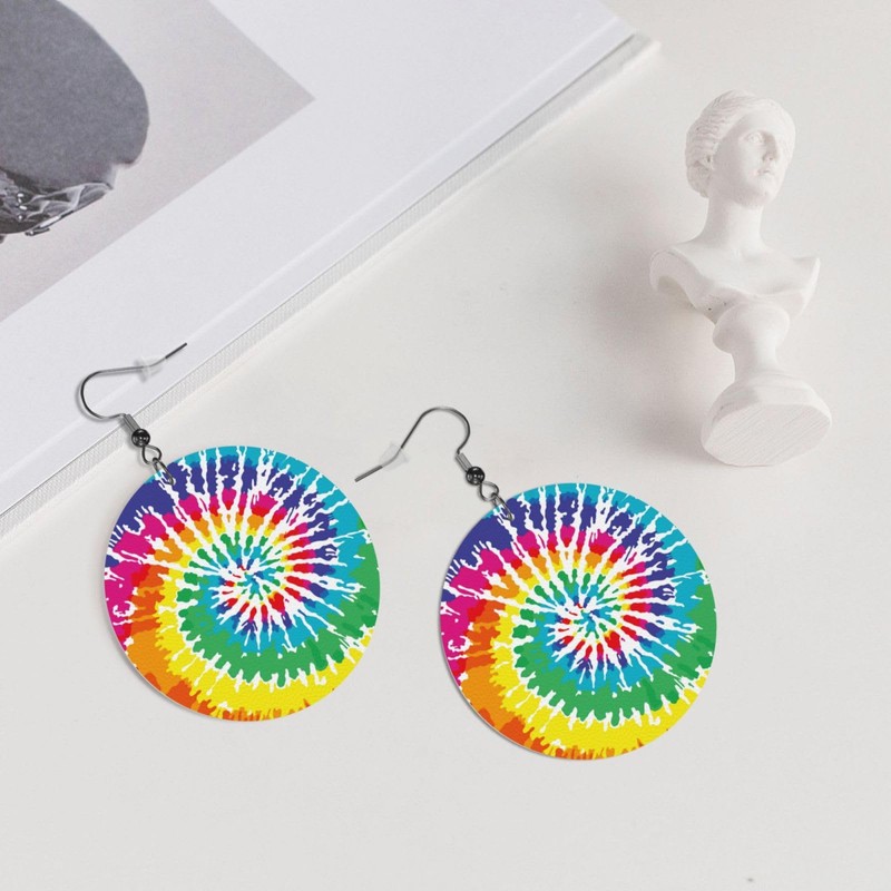 Faux Leather Earrings Tie Dye Round Dangle Earrings Jewelry For