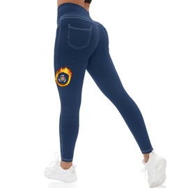 VOOVEEYA Thick Butt Lifting Leggings with Pockets for Women Tummy Control - High Waisted Thermal Winter Workout Yoga Warm Pants(Thick-Navy Blue-XXL)