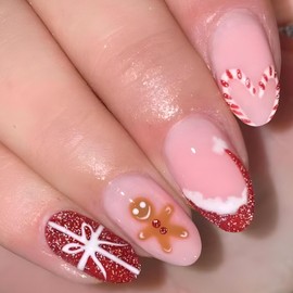 24Pcs Christmas Press On Medium Almond Fake Nails With Xmas Cartoon Designs, Glue On Gingerbread Man Santa Hat False Winter Artificial Glossy Stick On Nails For Women
