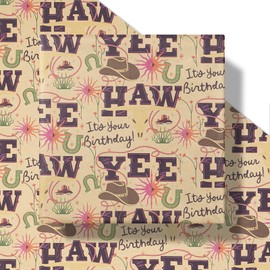 RUSPEPA Western Birthday Wrapping Paper Roll, Mini Roll, Kraft Gift Wrap with YEE HAW, Cowboy Hat, Horseshoe and Cactus Design Perfect for Boys' Birthday Party Celebration, 17 Inches X 16.4 Feet