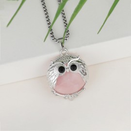 ZPMMPZ Cute Owl Necklace Rose Quartz Pink Crystal Angel Wings Necklaces Healing Crystals Necklace Reiki Spiritual Energy Long Necklace Pendant for Women Men
