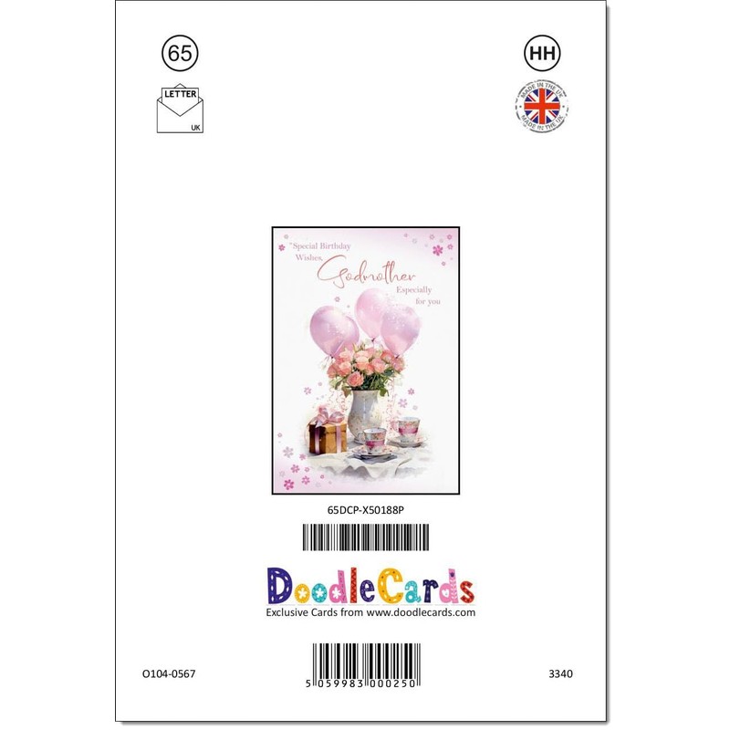 doodlecards Godmother Birthday Card Tea Party and Balloons Medium Size