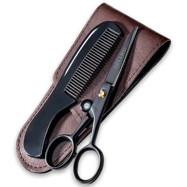 ONTAKI Professional German Beard & Mustache Scissors With Comb & Carrying Pouch - Hand Forged With Bevel Edge For Precision - Perfect Men’s Facial Hair Grooming Kit For All Body or Facial Hair (Black)
