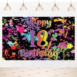 Joyiou Happy 18th Birthday Backdrop Banner Decorations, Neno Glow in The Dark 18th Birthday Party Sign Supplies for Girls Boys, 18 Years Old Graffiti Splash Paint Birthday Photo Booth (5x3ft)