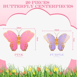 Wettarn 20 Pcs Butterfly Centerpieces for Tables Butterfly Party Decorations 3D Golden Butterfly Table Toppers Centerpiece for Girl Party Birthday Baby Shower (Pink, Purple,12 x 9 In,10 x 7 In)