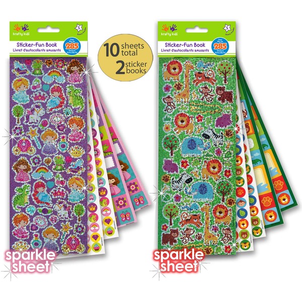 2 Pk Sticker Books for Boys and Girls - 10 Sheets - Shiny Prism Stickers, Reward Sticker Dots and Name Tag Stickers for Kids - Titles are Princess and Animals - Bulk Value Variety Pack of 570+ Pcs