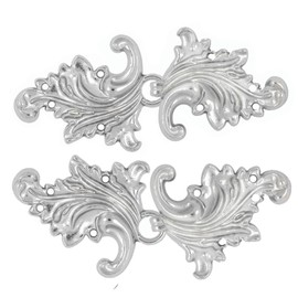 BEZELRY Asymmetric Acanthus Leaf Cape or Cloak Clasp Fasteners Pack of 4 Pairs 66mm x 28mm Fastened. Sew On Hooks and Eyes Cardigan Clip (Silver)