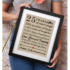 Framed 25th Anniversary Burlap Print Gifts for Parents 25th Wedding Anniversary Keepsake Gift for Mom & Dad Couples 25th Anniversary Decorations Gift for Wife 25th Anniversary Husband (Frame - 25th)