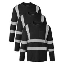 wantdo Safety Long Sleeve Shirts for Men, Hi Vis Reflective Work Shirts for Construction, Black, Pack of 3, Large