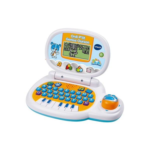 VTech - Ordi P'tit Genius Bear Blue, Portable Children's Computer with Backlit Screen, Mouse, 10 Evolutionary Games, Educational Toy, Gift for Children from 2 to 5 Years - French Content