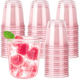 Xuelimei 50pcs 12oz Disposable Stemless Glasses,PET Disposable Drinking Cups,Cold Party Clear Plastic Wine Glasses for Parties Birthday,Wedding,Meeting,Christmas Party Supplies. (Pink)