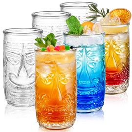 YIMITEE 6 Pack Tiki Glasses, 16 Oz Clear Tiki Mug, Exotic Zombie Party Cup, Hawaiian Style Cocktail Glasses Gift Set, Cute Old Fashioned Drinking Glassware for Tropical Island Drink Mai Tai Tiki Bar