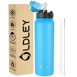 OLDLEY Stainless Steel Water Bottle with Straw 1L Vaccum Insulated Large Drink Flask Metal Water Bottles 1 Litre Leakproof Keep Drinks Hot Cold for Sports Gym Camping Adult Women Men(Sky Blue, 1 Lid)