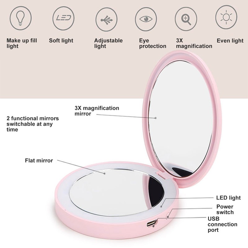 LED Compact Mirror Round Shape 3X Magnification Rechargeable Double Sided