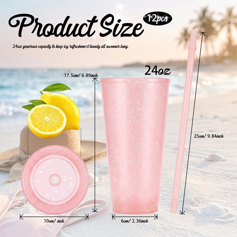 12 Pcs Pink Tumblers with Straw & Lid - 24oz