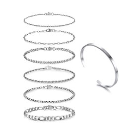 IUDWCG 7 Pieces Chain Bracelets for Women 14 Carat Silver Bracelet Women's Twist Chain Bracelets Adjustable Fashion Jewellery Bracelet Set Silver Bracelets for Women Girls, Stainless Steel