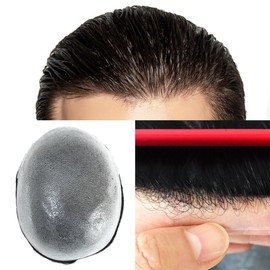 Hywel Mens Toupee with Real Human Hair, Full Soft Skin Single Knot Toupee for Men, Thickness (08-10mm) Natural Wave Hair System Base Size 6 * 8 Inch, Hair Pieces Replacement Color #1B Off Black
