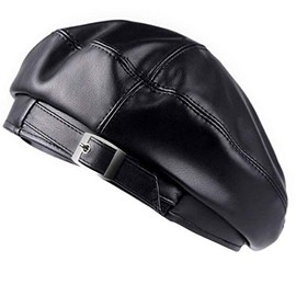 MEGAUK Women Faux Leather Beret Hat Casual Artist Hat Soild Color Cap for Ladies Black