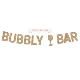 Pre-Strung Bubbly Bar Banner - No DIY - Gold Glitter Champagne Mimosa Bar Drinks Banner - Pre-Strung on 10 ft Strand - Pearls & Prosecco Bridal Shower Brunch Bachelorette Party Decorations - No DIY