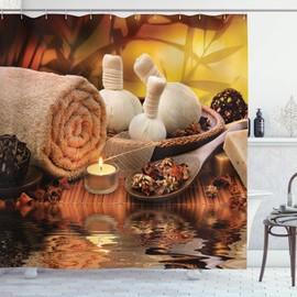 Ambesonne Spa Shower Curtain, Outdoor Massage Setting at Sunset Candlelight Reflections Culture Theme Print, Cloth Fabric Bathroom Decor Set with Hooks, 70" Long, Orange Mustard