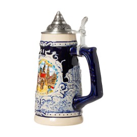 Artisan Owl Munchen Blue Shield Stoneware Beer Stein with Metal Lid and Thumb Lift