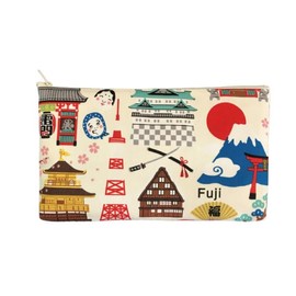 Keisuu Pouch, Hello Nippon, Tokyo, Kyoto, Mt. Fuji, Kinkakuji, Castle, Made in Japan, Cotton, Hello Nippon Pouch, Large, White