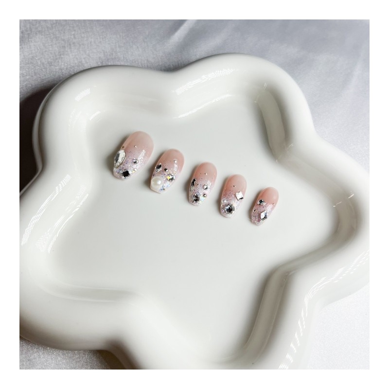 [Handmade Nail Tips] Stone Gradient Wedding Nails - Coffin (Long)