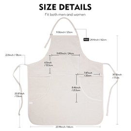 CONDA Adjustable Bib Apron with 3 pockets,100% Cotton Canvas,Creamy White Canvas Pottery Apron for Arts and Craft, 30.7x25.6 inches