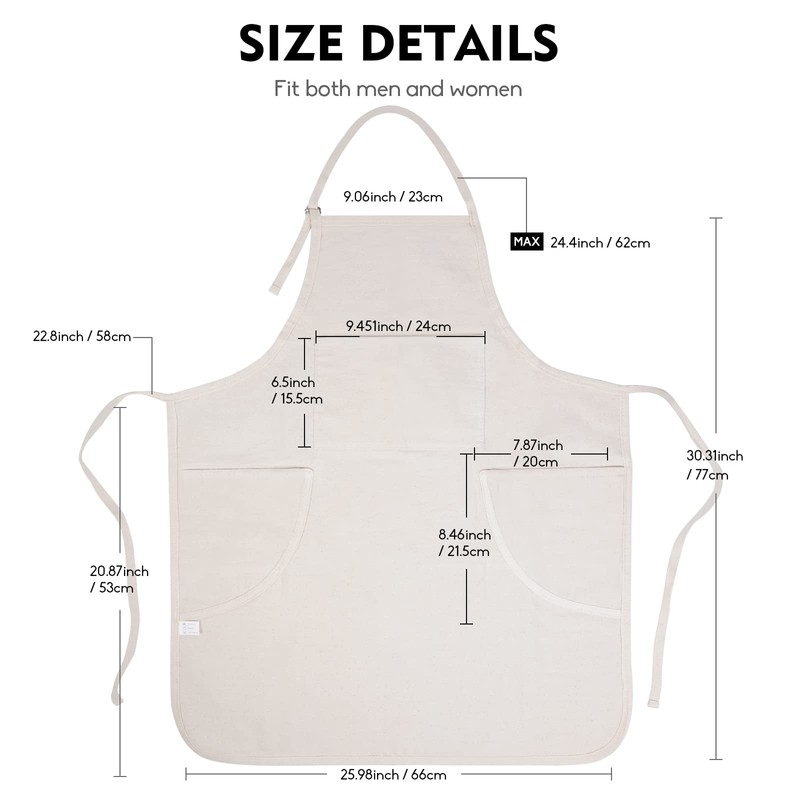 CONDA Adjustable Bib Apron with 3 pockets,100% Cotton Canvas,Creamy White