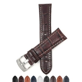Bandini 18mm Mens Italian Leather Watch Band Strap - Brown With White Stitch - Alligator Pattern