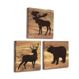 HomeRustique Real Wooden Cabin Decor with Bear, Deer and Moose (Set of 3) - Woodland Rustic Wall Decoration for Home, Log Cabin, Hunting Theme, Mountain Lodge or Bathroom, Animal Pictures Decor