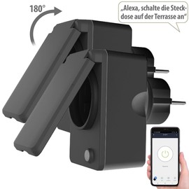 Luminea Home Control Zeitschaltuhr außen WLAN: 2er-Set smarte WLAN-Outdoor-Steckdose, Energiekostenmesser, 16A, IP44 (Digitale Zeitschaltuhr mit App, Stromzähler-Steckdose aussen, Funkschalter)