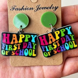Colorful Teacher Students Earrings First Day of School Acrylic Wooden Letter Drop Earrings Back to School Teacher Appreciation Gifts-D