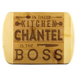 Mom To Be Gifts - In The Kitchen Chantel Is The Boss - Mothers Day Gifts, Gift Ideas For Mom, Funny Cutting Board Engraved Bamboo Chopping Block, Bamboo Engraved Cutting Board