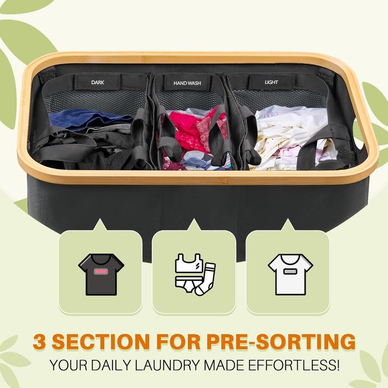 Bathola 145L Laundry Hamper with Lid, 3-Compartment Foldable Laundry Basket
