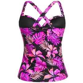 playera tankini con aros para mujer, parte superior de traje de baño con soporte para brasier, control de abdomen, sin parte inferior, 2025, Rosa Floral, XX-Large