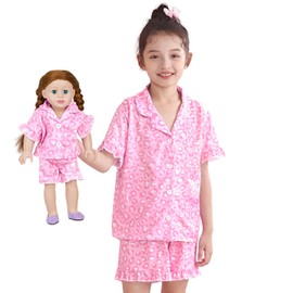 ICOSY Matching Doll & Girls Pajamas Set for Kids Pajamas 2 PCS Button-Down Top and Shorts for American 18" Doll Girl Clothes Pink
