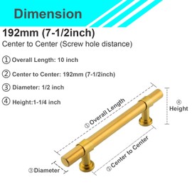 Modket 10 Pack Brushed Gold Satin Brass T Bar Cabinet Handle 304 Stainless Steel — 12-5/8" Overall Length, 10-1/8" (256mm) Hole Center, Cabinet Door Drawer Hardware/Dresser